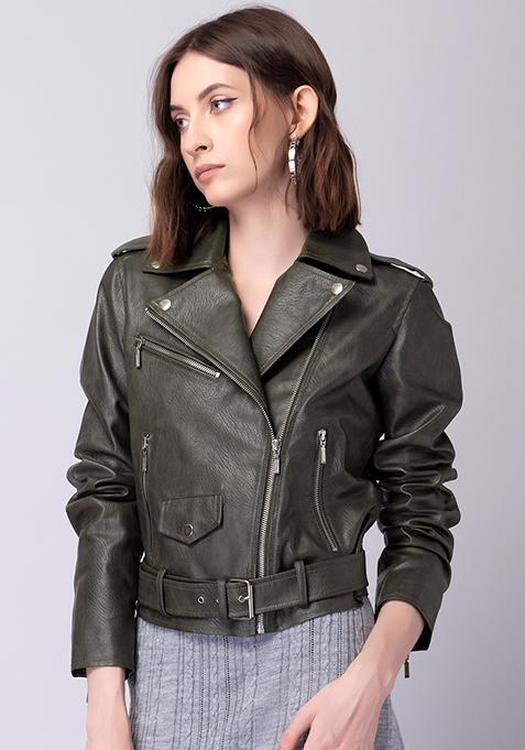 Buy Women Green Leather Belted Jacket - Trends Online India - FabAlley