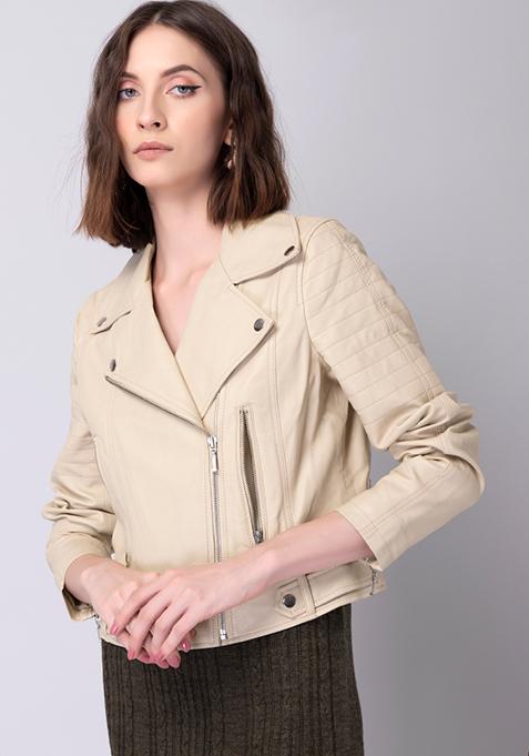 Beige Crop Biker Jacket