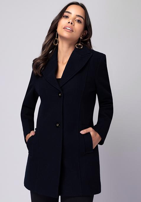 Buy Women Navy Felt Longline Coat - WinterWear Online India - FabAlley