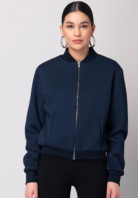 Navy Blue Quilted Bomber Jacket