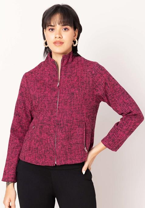 Dark Pink Tweed Collared Bomber Jacket