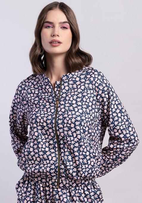 Blue Printed Zippered Bomber Jacket