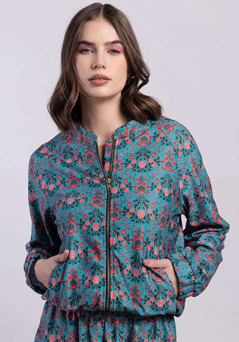 Green Floral Print Zippered Bomber Jacket