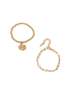 Gold Link Chain Beaded Bracelet Set of 2
