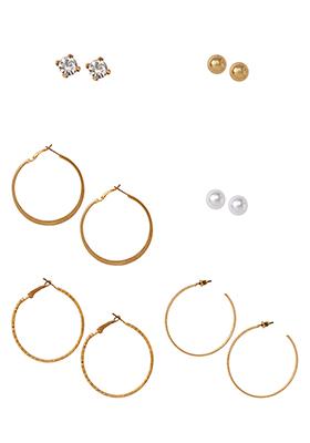 Gold Multi Design Stud Hoop Earrings Set of 6