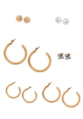 Gold Pearl Stud Hoop Earrings Set of 6