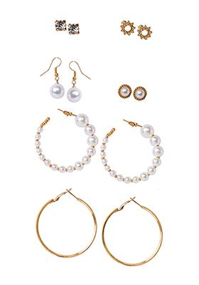 Gold Pearl Stone Earrings Set of 6