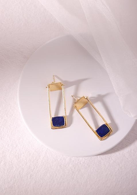 Gold Plated Blue Stone Rectangular Dangler Earrings