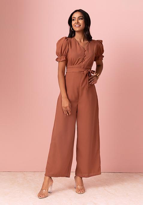 Orange Puff Sleeve Jumpsuit With Fabric Belt