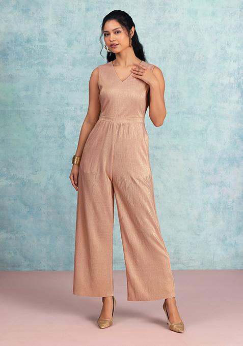 Light Pink V-Neck Pleated Jumpsuit