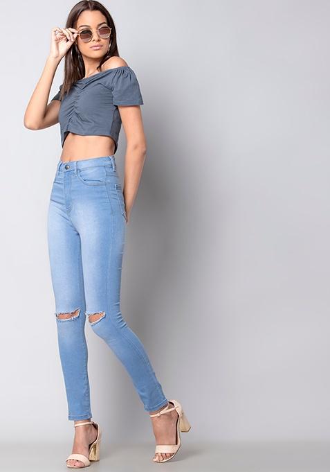 Blue Knee Ripped High Waist Jeans