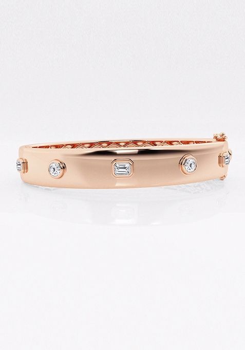 1 ctw Round and Emerald Lab Grown Diamond Five Stone Bangle Bracelet 7 Inches - 18K Rose Gold Plated Vermeil