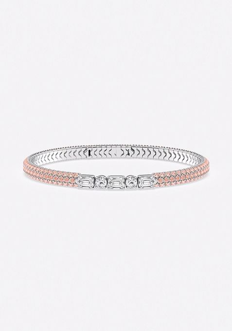 1 7/8 ctw Emerald & Round Lab Grown Diamond Rollover Flexible Bangle Bracelet with 1.8 mm Pink Sapphire Side Stones - 7 Inches