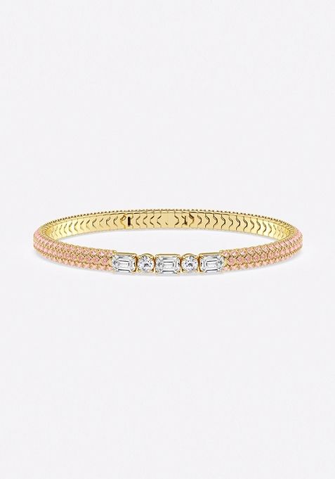 1 7/8 ctw Emerald & Round Lab Grown Diamond Rollover Flexible Bangle Bracelet with 1.8 mm Pink Sapphire Side Stones - 7 Inches