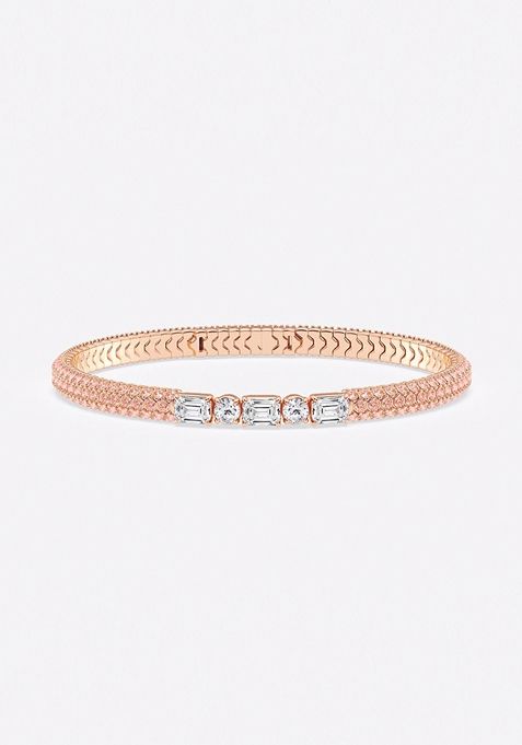 1 7/8 ctw Emerald & Round Lab Grown Diamond Rollover Flexible Bangle Bracelet with 1.8 mm Pink Sapphire Side Stones - 7 Inches