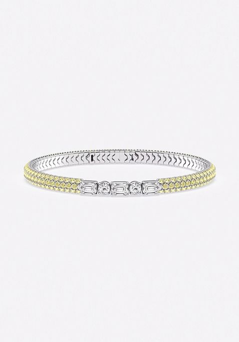 1 7/8 ctw Emerald & Round Lab Grown Diamond Rollover Flexible Bangle Bracelet with 1.8 mm Yellow Sapphire Side Stones - 7 Inches