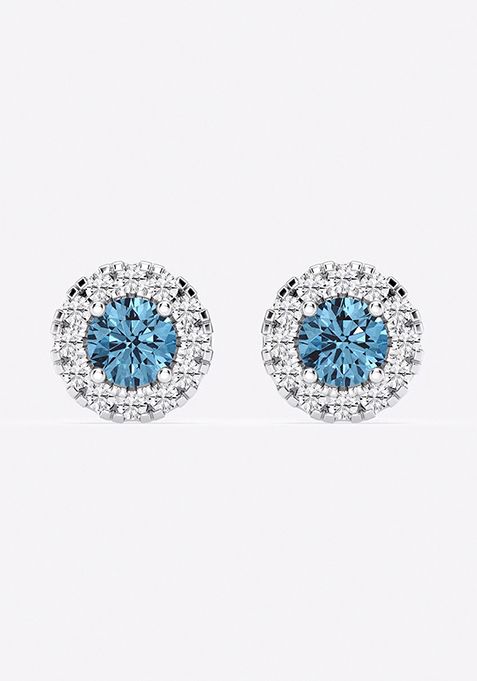 1 ctw Round Lab Grown Diamond Fancy Blue Halo Stud Earrings