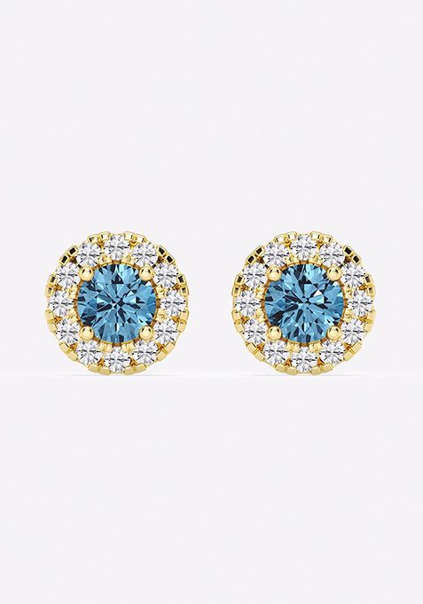 1 1/2 ctw Round Lab Grown Diamond Fancy Blue Halo Stud Earrings