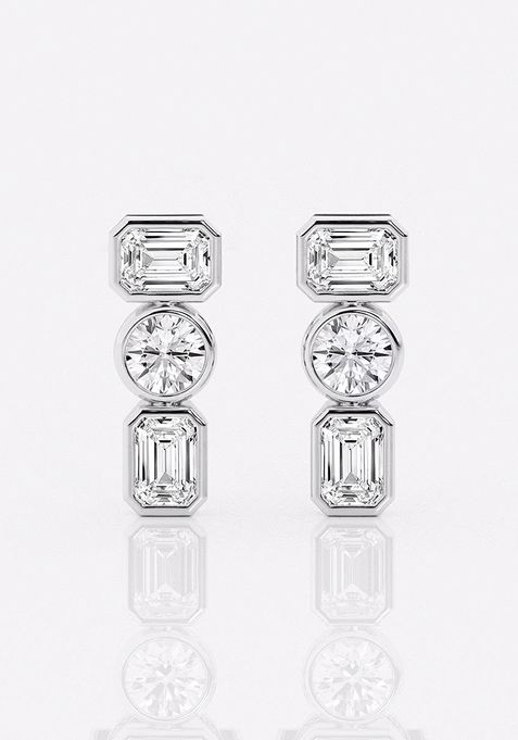 1 1/2 ctw Round and Emerald Lab Grown Diamond Three Stone Stud Earrings