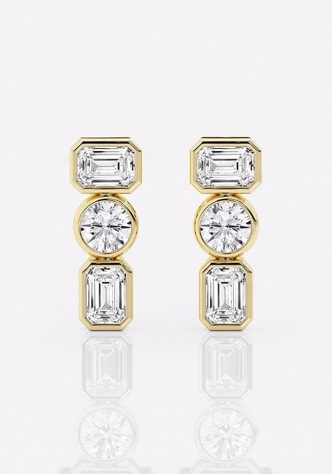 1 1/2 ctw Round and Emerald Lab Grown Diamond Three Stone Stud Earrings