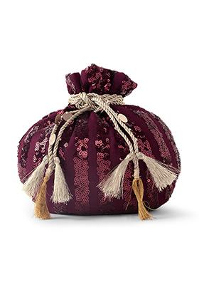 Plum And Gold Sequin Zari Embroidered Potli With Tassels