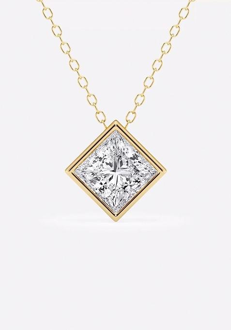 1 1/2 ctw Princess Lab Grown Diamond Bezel Set Solitaire Pendant with Adjustable Chain