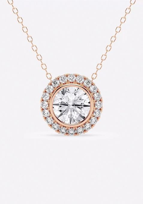 1 1/5 ctw Round Lab Grown Diamond Bezel Set Halo Pendant with Adjustable Chain