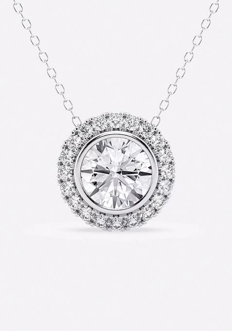 2 1/3 ctw Round Lab Grown Diamond Bezel Set Halo Pendant with Adjustable Chain