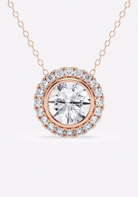 2 1/3 ctw Round Lab Grown Diamond Bezel Set Halo Pendant with Adjustable Chain