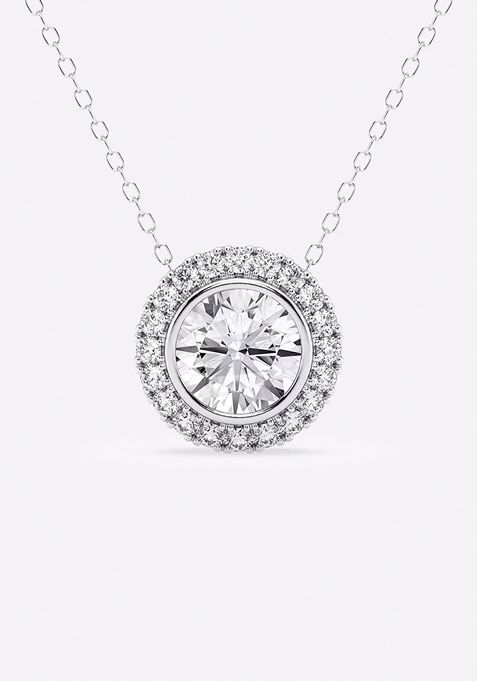 1 1/5 ctw Round Lab Grown Diamond Bezel Set Halo Pendant with Adjustable Chain