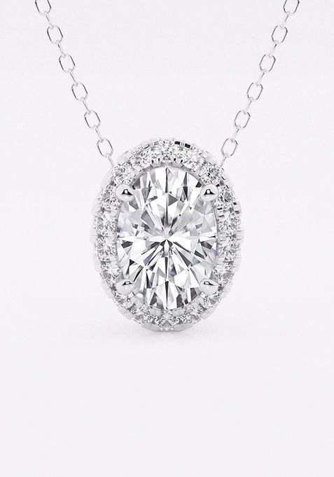 1 3/4 ctw Oval Lab Grown Diamond Halo Pendant with Adjustable Chain