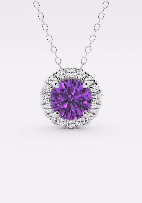 6.5 mm Round Created Amethyst and 1/5 ctw Round Lab Grown Diamond Halo Pendant with Adjustable Chain