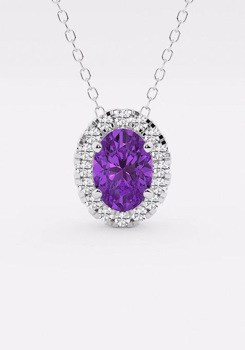 7.9x5.53 mm Oval Created Amethyst and 1/5 ctw Round Lab Grown Diamond Halo Pendant with Adjustable Chain