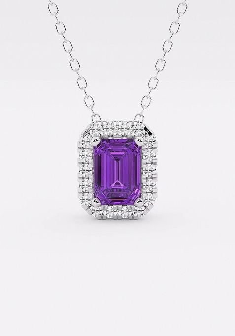 6.7x4.69 mm Emerald Cut Created Amethyst and 1/5 ctw Round Lab Grown Diamond Halo Pendant with Adjustable Chain