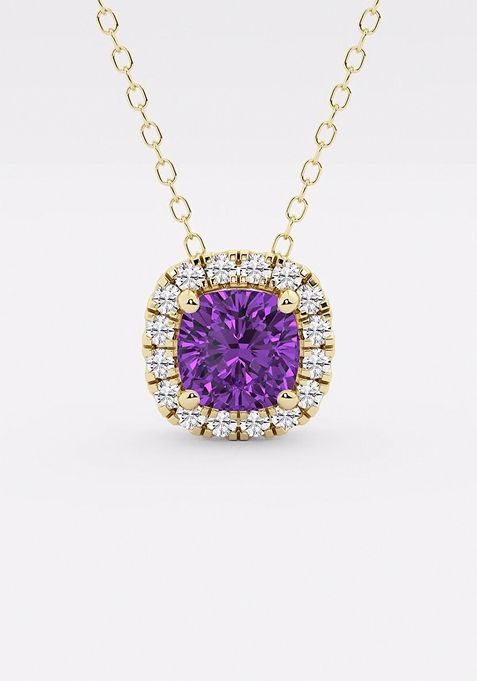 5.7x5.5 mm Cushion Cut Created Amethyst and 1/5 ctw Round Lab Grown Diamond Halo Pendant with Adjustable Chain