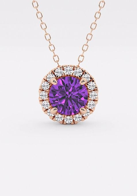 6.5 mm Round Created Amethyst and 1/5 ctw Round Lab Grown Diamond Halo Pendant with Adjustable Chain