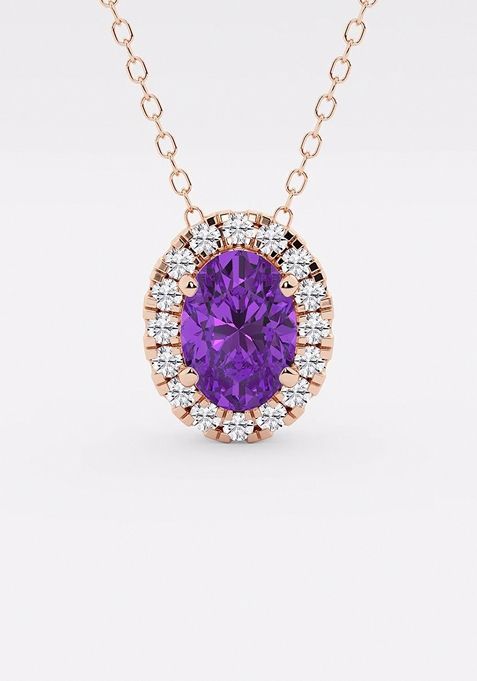 7.9x5.53 mm Oval Created Amethyst and 1/5 ctw Round Lab Grown Diamond Halo Pendant with Adjustable Chain