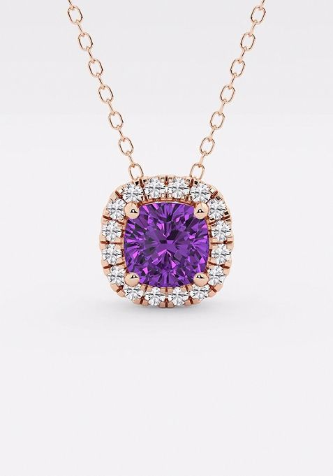 5.7x5.5 mm Cushion Cut Created Amethyst and 1/5 ctw Round Lab Grown Diamond Halo Pendant with Adjustable Chain