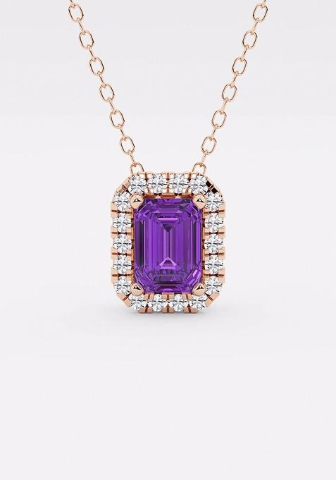 6.7x4.69 mm Emerald Cut Created Amethyst and 1/5 ctw Round Lab Grown Diamond Halo Pendant with Adjustable Chain