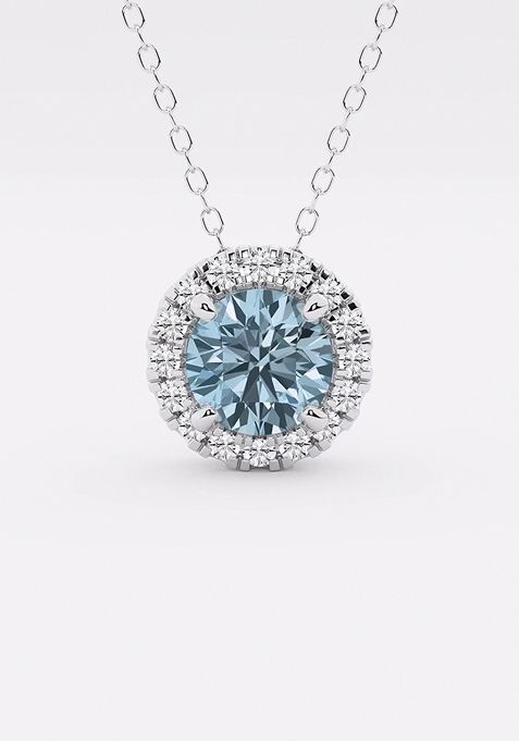 6.5 mm Round Created Aquamarine and 1/5 ctw Round Lab Grown Diamond Halo Pendant with Adjustable Chain