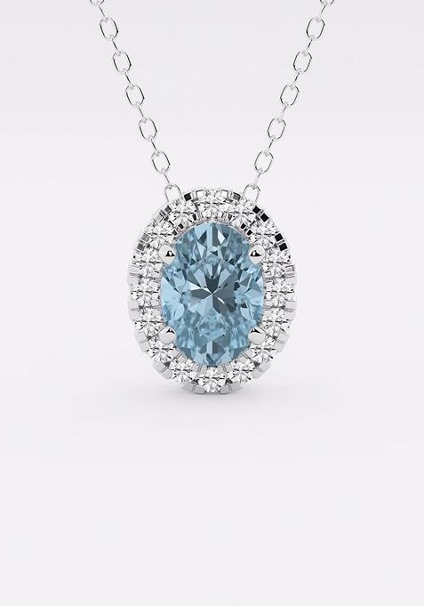 7.9x5.53 mm Oval Created Aquamarine and 1/5 ctw Round Lab Grown Diamond Halo Pendant with Adjustable Chain