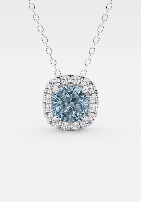 5.7x5.5 mm Cushion Cut Created Aquamarine and 1/5 ctw Round Lab Grown Diamond Halo Pendant with Adjustable Chain