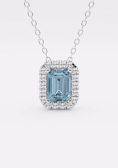 6.7x4.69 mm Emerald Cut Created Aquamarine and 1/5 ctw Round Lab Grown Diamond Halo Pendant with Adjustable Chain