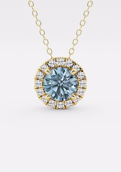 6.5 mm Round Created Aquamarine and 1/5 ctw Round Lab Grown Diamond Halo Pendant with Adjustable Chain