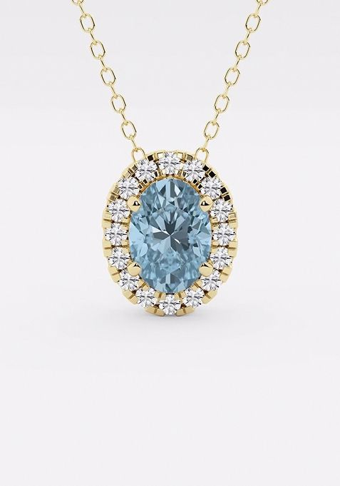 7.9x5.53 mm Oval Created Aquamarine and 1/5 ctw Round Lab Grown Diamond Halo Pendant with Adjustable Chain