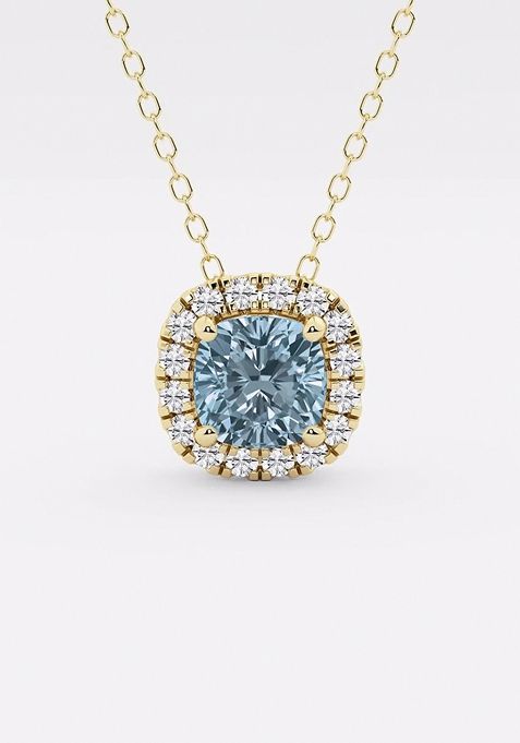 5.7x5.5 mm Cushion Cut Created Aquamarine and 1/5 ctw Round Lab Grown Diamond Halo Pendant with Adjustable Chain