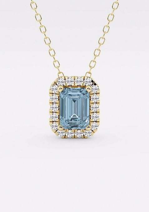 6.7x4.69 mm Emerald Cut Created Aquamarine and 1/5 ctw Round Lab Grown Diamond Halo Pendant with Adjustable Chain