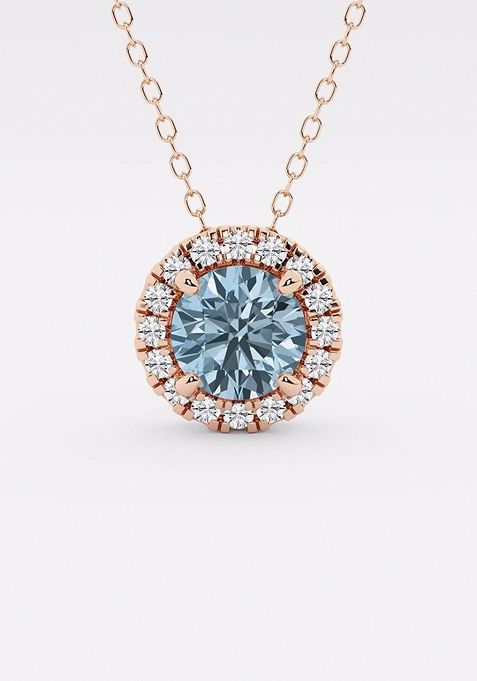 6.5 mm Round Created Aquamarine and 1/5 ctw Round Lab Grown Diamond Halo Pendant with Adjustable Chain