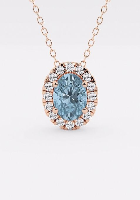 7.9x5.53 mm Oval Created Aquamarine and 1/5 ctw Round Lab Grown Diamond Halo Pendant with Adjustable Chain