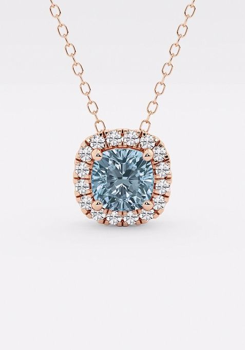 5.7x5.5 mm Cushion Cut Created Aquamarine and 1/5 ctw Round Lab Grown Diamond Halo Pendant with Adjustable Chain